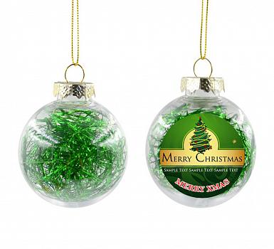 Новогодний шар 8 см прозрачный с зеленым наполнителем